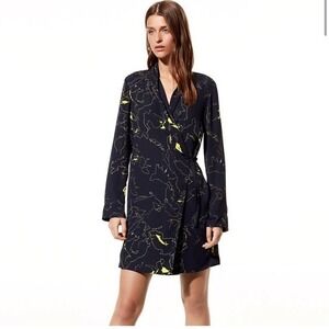 Aritzia Babaton Dress Navy Blue Yellow Print Macon Faux Wrap Funeral XXS